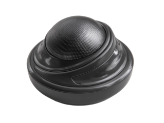 Dark gray, round, textured device with swirling, sculpted base