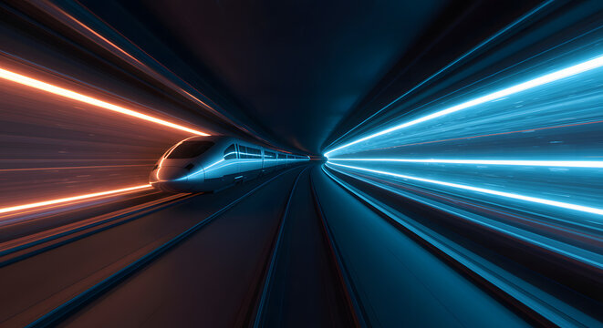 High-Speed Rail: A futuristic train hurtles through a tunnel illuminated by neon light trails, symbolizing the speed and innovation of modern transportation. 
