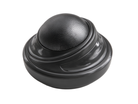 Dark gray, round, textured device with swirling, sculpted base