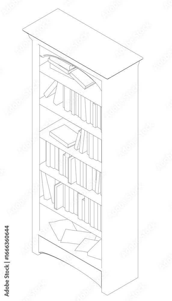 Aufkleber old wooden bookshelf contour drawing with neatly arranged books of various sizes and colors on recta