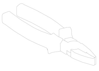 Black contour drawing of pliers on white background, featuring curved handles, pointed tip, serrated edge, and textured surface.