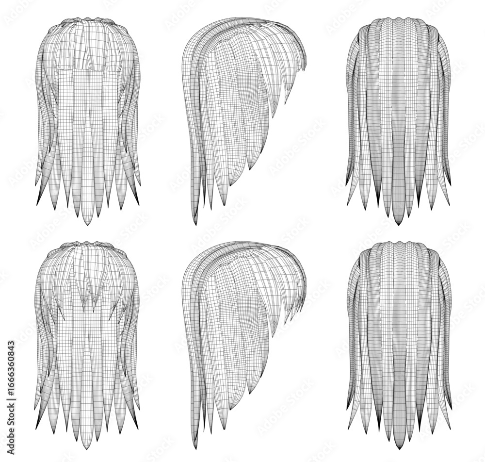 Poster six distinct hair types in 3d wireframe models, each with unique shape and texture, isolated on a cl