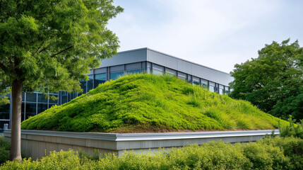 Fototapeta premium Green Roof Warehouse Facility Promoting Sustainable Architecture, showcasing smart logistics, predictive planning, automation and end‑to‑end visibility.