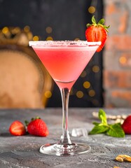 A vibrant pink cocktail garnished with a strawberry slice, sits in a martini glass, on a textured grey surface, evoking a sophisticated and refreshing mood.