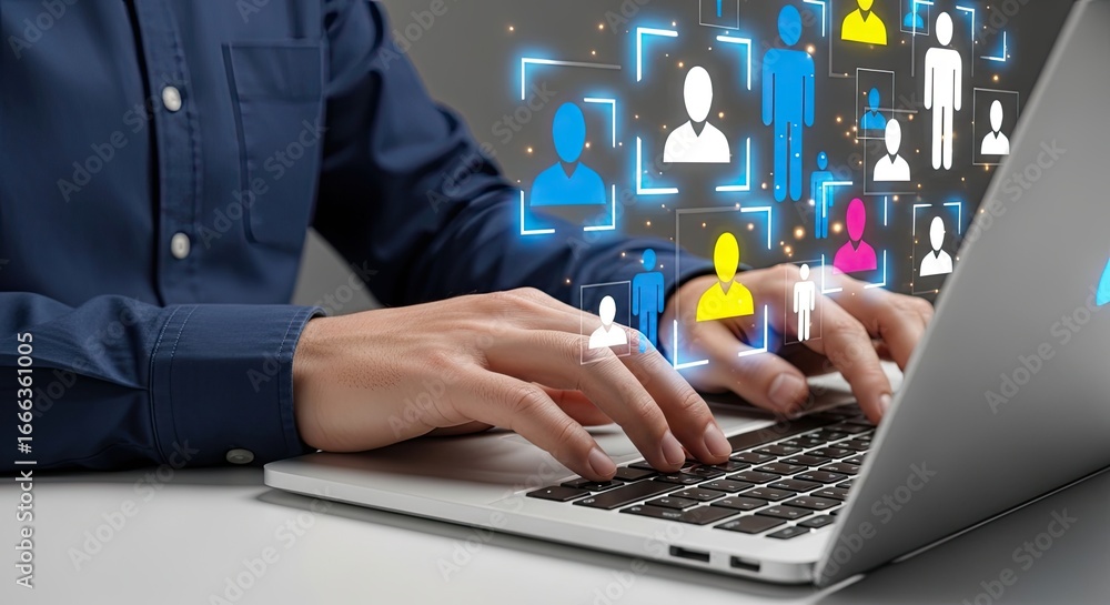 Aufkleber man s hands typing on a laptop with a digital network of people and data flowing around him