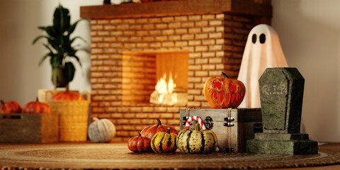 Halloween theme with assorted pumpkins and a ghostly figure. 3D render illustration