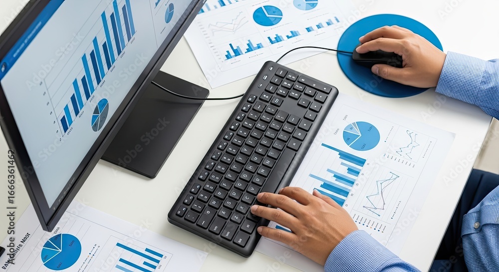 Leinwandbilder close up of hands using a computer mouse and keyboard to analyze financial charts and graphs on a de
