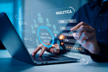 Close-up of a person using a futuristic laptop with glowing holographic interface displaying data analytics charts and graphs in a modern office setting