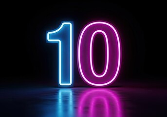 Bright neon blue and pink number ten glowing against a dark background with reflections