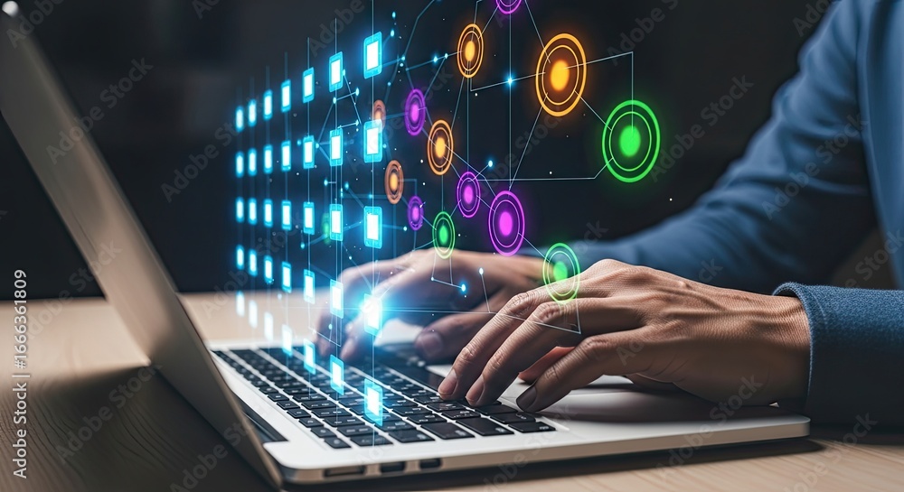 Poster hands typing on a laptop with glowing digital data streams and futuristic technology interface eleme