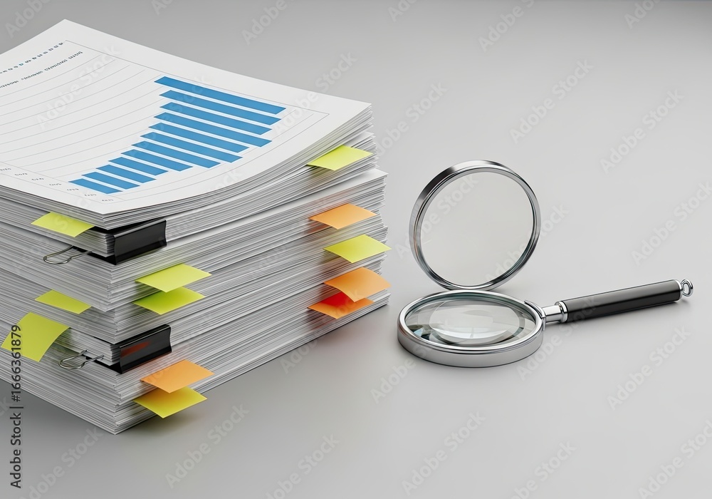 Poster magnifying glass examining a stack of documents with colorful sticky tabs and a financial chart