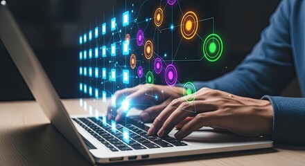 Hands typing on a laptop with glowing digital data streams and futuristic technology interface elements