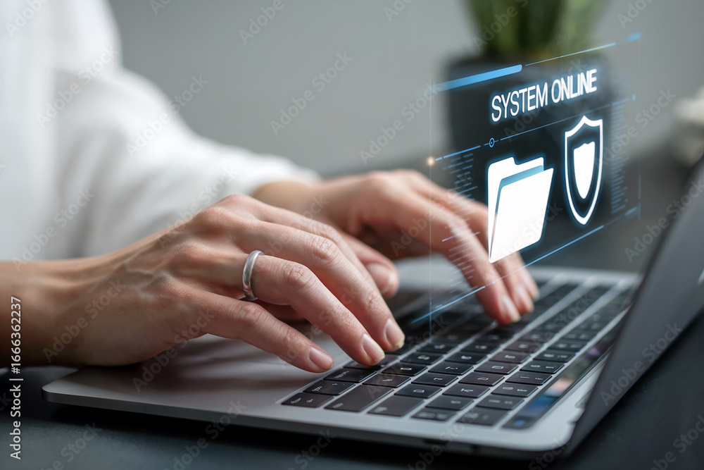 Fototapete close-up of hands typing on a laptop keyboard with digital security graphics and data protection ico