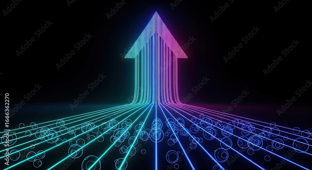 Poster abstract neon arrow ascending through digital data streams towards futuristic growth and success