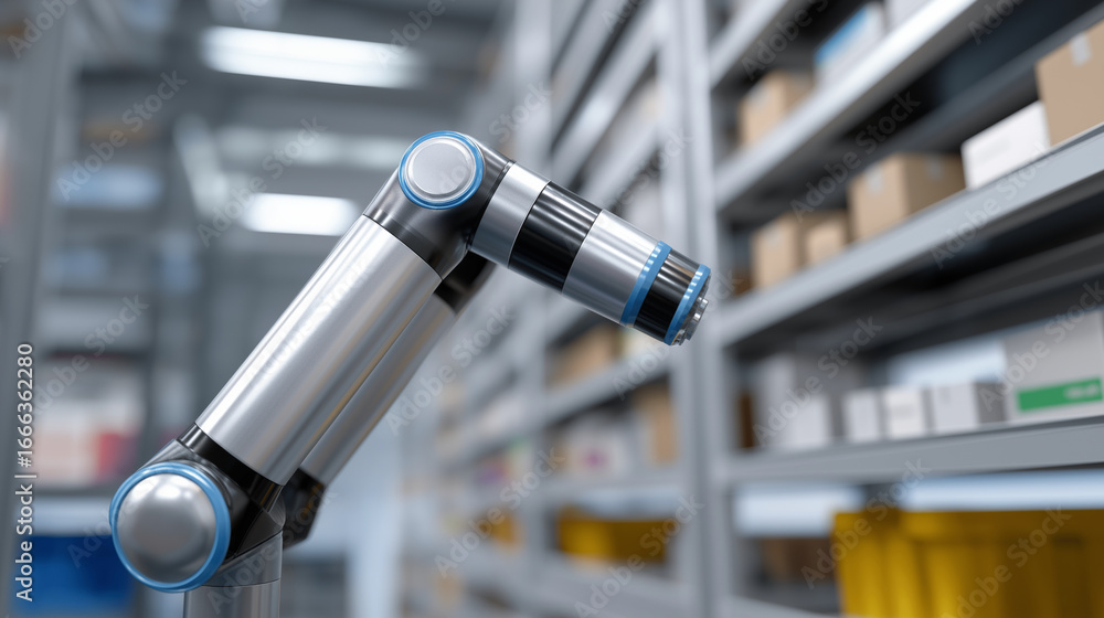 Poster automated robotic picking system for efficient warehouse management, showcasing smart logistics, pre