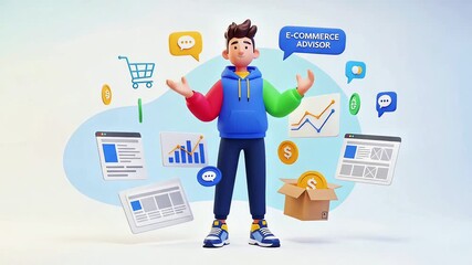E-commerce advisor concept Business man with charts, graphs, shopping cart symbols