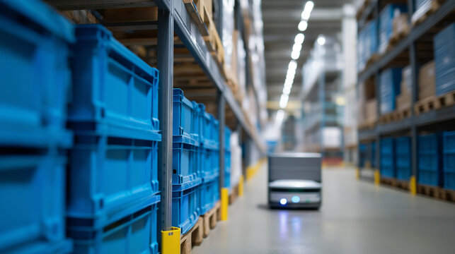 Automated Warehouse with Autonomous Mobile Robots in Action, showcasing HR technology, skills mapping, performance insights and strategic workforce planning.