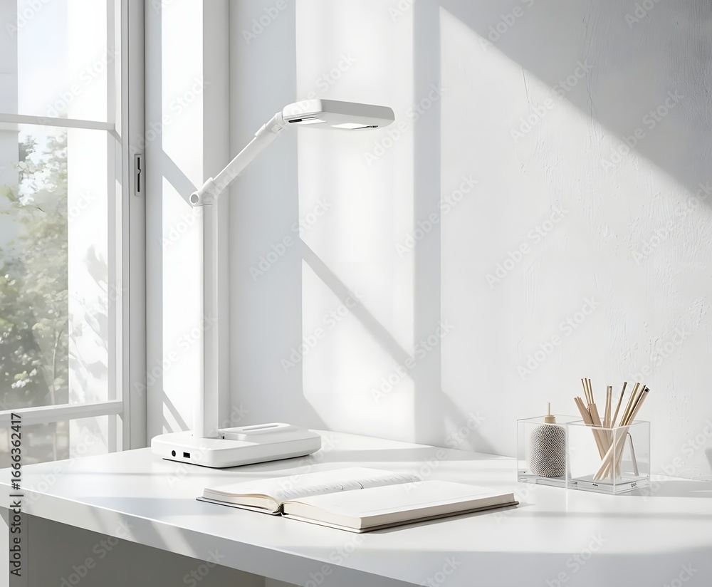 Poster bright modern desk setup featuring minimalist lamp and open book near sunlit window for focused stud