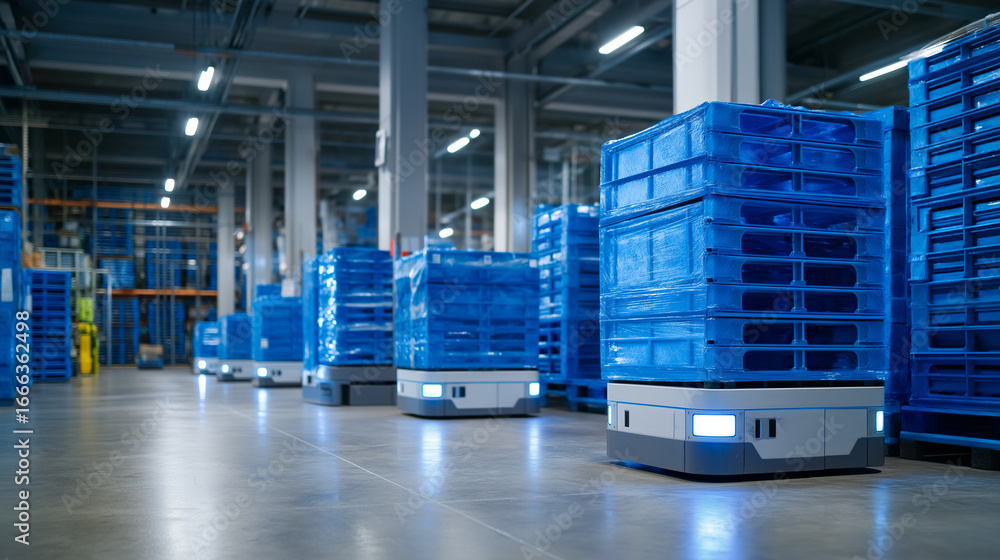 Poster modern automated warehouse with autonomous mobile robots, highlighting real‑time tracking, warehouse