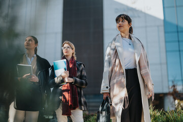 Three professionally dressed women stand together outdoors, symbolizing teamwork, professionalism,...