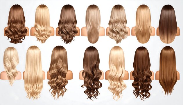 Various Hair Wigs in Different Shades and Styles, Mannequin Display. - Powered by Adobe