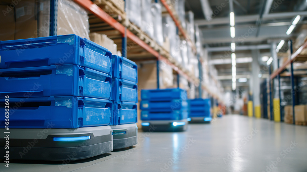 Poster automated warehouse with autonomous mobile robots in action, showcasing hr technology, skills mappin