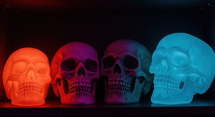 Colorful illuminated skulls on black shelf suggest mystery and intrigue with a moody atmosphere