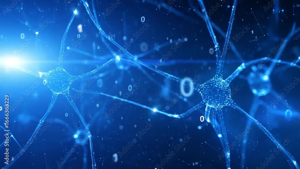 Aufkleber abstract blue neuron network connecting with binary code representing artificial intelligence and fu