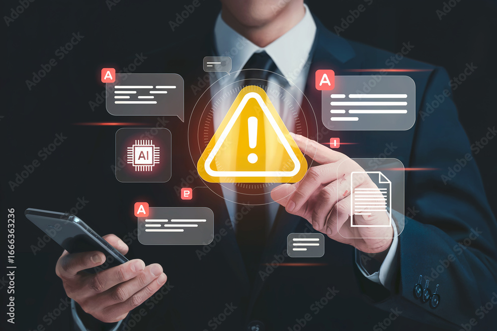 Poster businessman interacting with glowing yellow digital warning symbol and information alerts on a futur