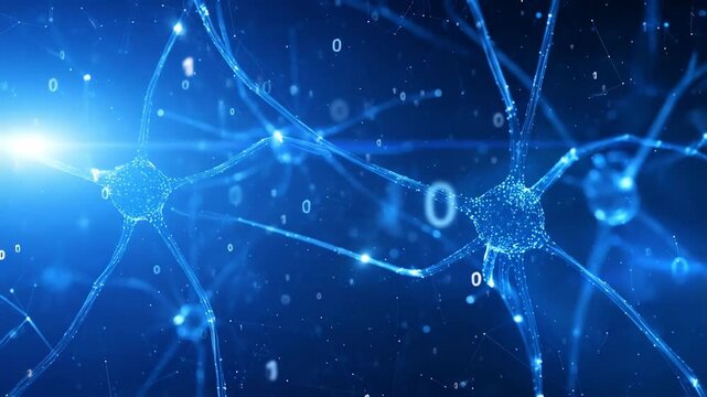 Abstract Blue Neuron Network Connecting with Binary Code Representing Artificial Intelligence and Futuristic Technology on Dark Background