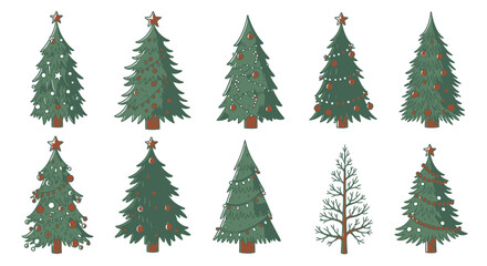 Festive Christmas trees decorated with ornaments ready for holiday season designs