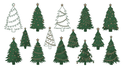 Festive Christmas trees with ornaments and lights ready for holiday greetings