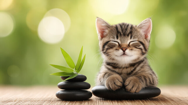 Cat enjoying massage on warm stone mat in zen spa, radiating tranquility and happiness in serene environment