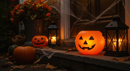 glowing halloween jack-o'-lanterns and lanterns on porch with autumn leaves creating spooky atmosphere