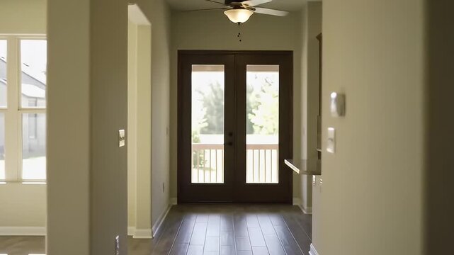 Interior view of a hallway, with an open floorplan and natural lighting