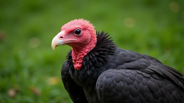 Intimate Portrait of a Turkey Vulture in Stunning 4k Detail, Featuring Striking Red Head and Pale Bill on a Soft Green Backdrop in High Quality Video