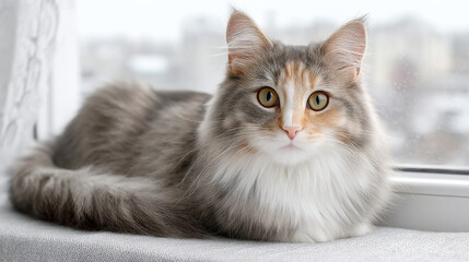 Fluffy cat resting on luxurious windowsill, gazing at cityscape outside, exuding calm and serene vibe