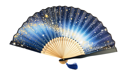 Elegant Silk Hand Fan Featuring Celestial Artwork on white background