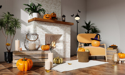 Stylish Halloween decoration with pumpkins and inviting seating. 3D render illustration