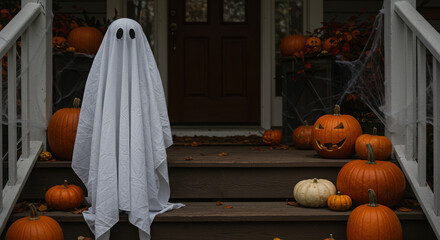 spooky halloween decoration featuring ghost costume and pumpkins on autumn porch with festive atmosphere