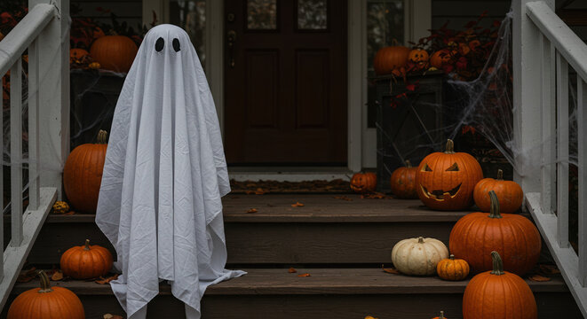 spooky halloween decoration featuring ghost costume and pumpkins on autumn porch with festive atmosphere - Powered by Adobe