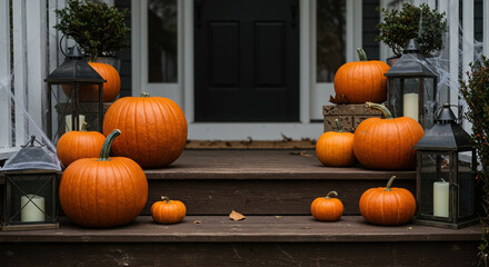 rustic porch decorated with pumpkins and lanterns celebrating halloween in autumn ambiance