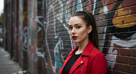 Fototapeta premium Stylish woman with red jacket posing against graffiti brick wall, looking confident and cool