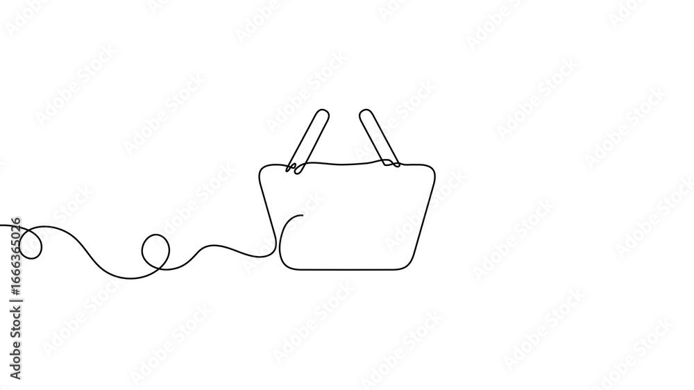 Poster animation of a single line drawing of a shopping basket. continuous contour movement of a shopping b