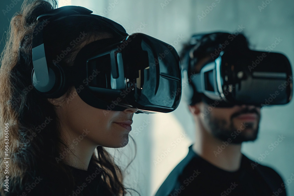 Poster people experiencing immersive future technology using virtual reality headsets in modern space, gene
