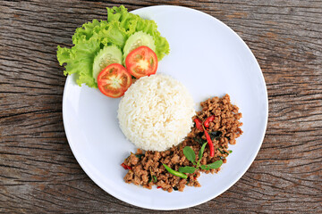 Rice Topped with Stir-fried Pork Basil, Food photography for use in menus