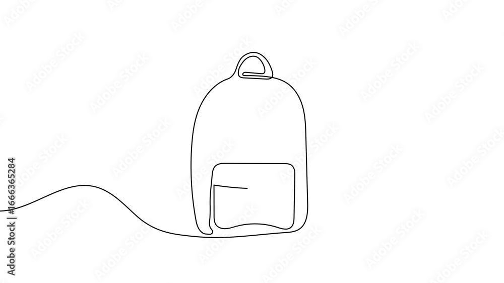 Poster animation of a single line drawing of a backpack. continuous contour movement of a backpack. continu