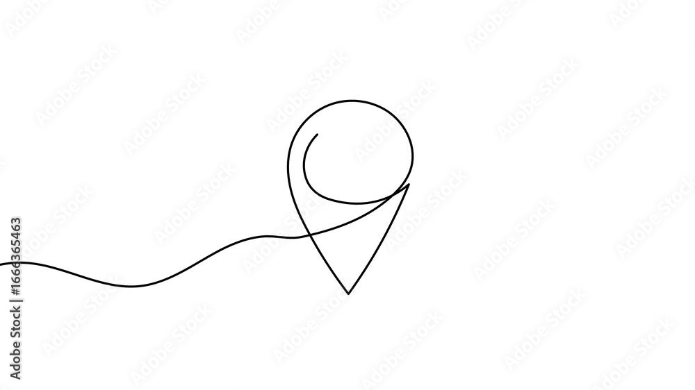 Poster animation of a single line drawing of a location pin. continuous contour movement of a location pin.