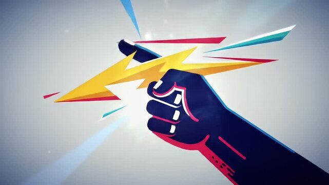 Bold graphic of a fist clutching a stylized yellow lightning bolt with angular elements