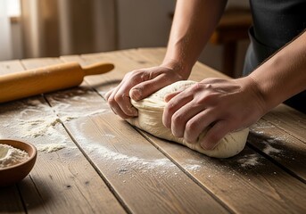 Hands kneading dough on rustic wooden table preparing homemade baked delicious food